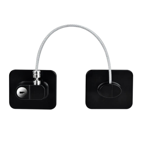 Dětská bezpečnostní pojistka s ocelovým lankem 260 mm samolepicí zámek 70×70 mm pro nábytek dveře okna spotřebiče černá