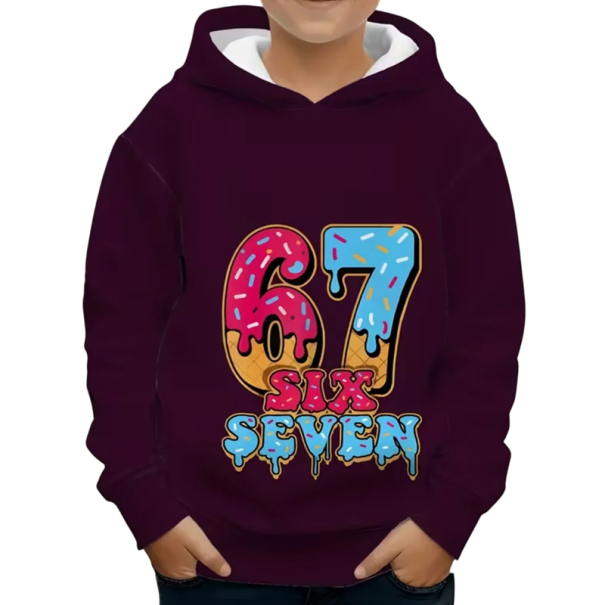 Dětská chlapecká mikina s kapucí a potiskem 67 six seven ve stylu donutu přes hlavu s dlouhým rukávem a manžetou fialová 3
