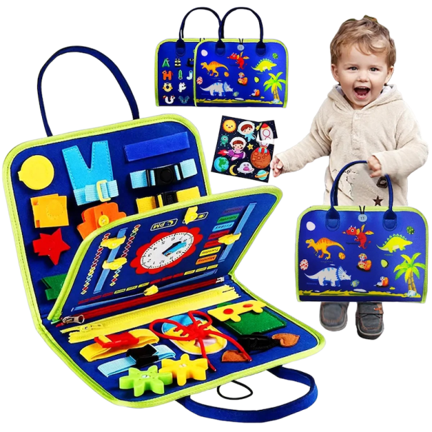 Detská edukačná taška zapínanie a otváranie zipsov a gombíkov modrá farba 1
