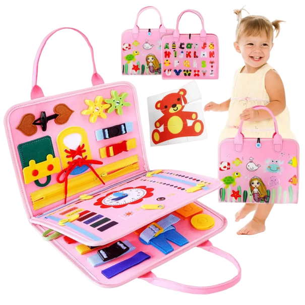 Detská edukačná taška zapínanie a otváranie zipsov a gombíkov ružová farba 1