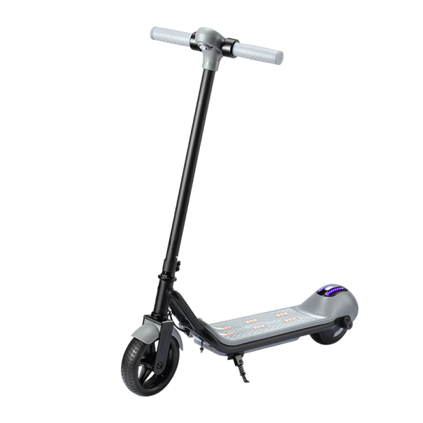 Dětská elektrická koloběžka s LED osvětlením, motor 110W, rychlost 14 km/h, nosnost 60 kg, skládací, pro děti a začátečníky šedá
