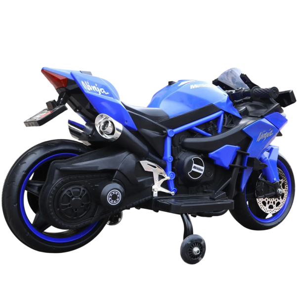 Dětská elektrická motorka o délce 1,1 m s pomocnými kolečky baterií 4,5 Ah a provozem 2 až 3 hodiny 110 x 43 x 62 cm pro děti od 3 do 9 let modrá