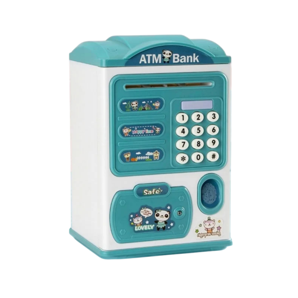 Dětská elektronická pokladnička na otisk prstu a heslo, automatické otevírání dvířek, velká kapacita na mince i bankovky modrá