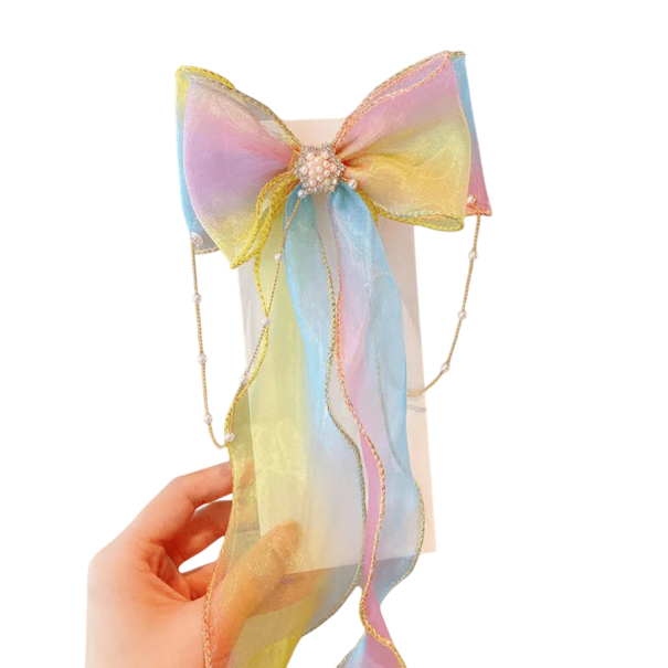 Detská mašľa do vlasov s perlovými strapcami 12 x 36 cm Elegantná spona Veľká mašlička Dlhé strapce Štýlový doplnok pre dievčatá žltá