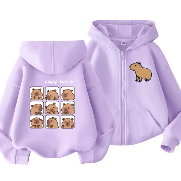 Dětská mikina s kapucí na zip s motivem kapybary Kawaii manga styl Polyester Jednobarevná mikina s kapsami Unisex oblečení pro chlapce i dívky fialová 10