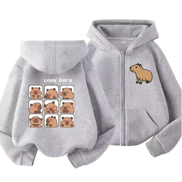 Dětská mikina s kapucí na zip s motivem kapybary Kawaii manga styl Polyester Jednobarevná mikina s kapsami Unisex oblečení pro chlapce i dívky šedá 10