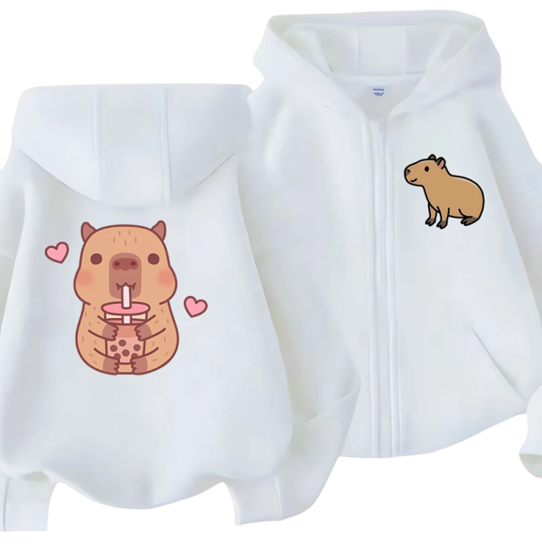 Dětská mikina s kapucí na zip s motivem kapybary Polyester Kawaii manga styl Jednobarevná mikina s kapsami Unisex oblečení pro chlapce i dívky bílá 4