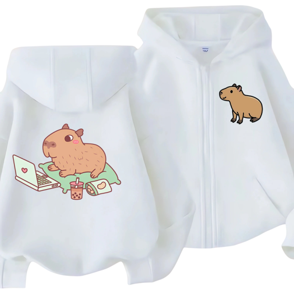 Dětská mikina s kapucí na zip s motivem kapybary Polyester Kawaii manga styl s kapsami Jednobarevná mikina pro chlapce i dívky Různé barvy bílá 8