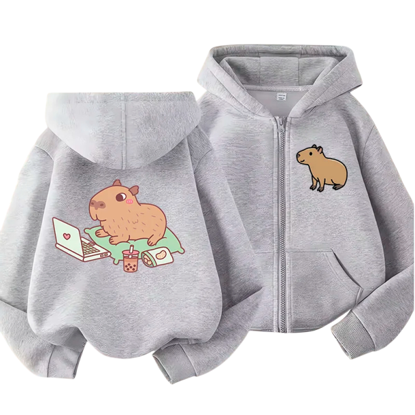 Dětská mikina s kapucí na zip s motivem kapybary Polyester Kawaii manga styl s kapsami Jednobarevná mikina pro chlapce i dívky Různé barvy šedá 4