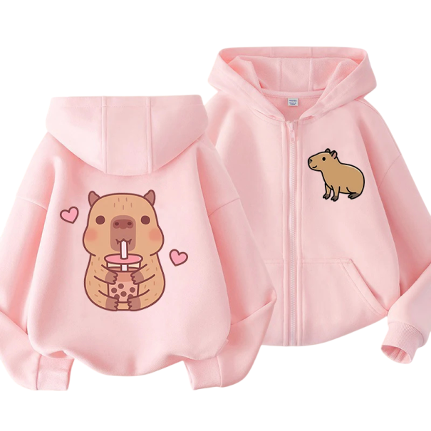 Detská mikina s kapucňou na zips s motívom kapybary Polyester Kawaii manga štýl Jednobarevná mikina s vreckami Unisex oblečenie pre chlapcov i dievčatá ružová 5
