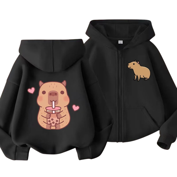 Detská mikina s kapucňou na zips s motívom kapybary Polyester Kawaii manga štýl Jednofarebná mikina s vreckami Unisex oblečenie pre chlapcov i dievčatá čierna 6