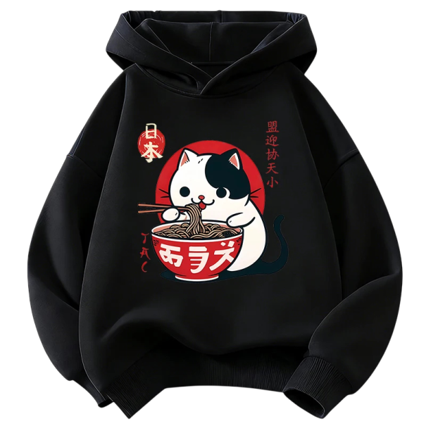 Dětská mikina v japonském stylu s kapucí a potiskem kočky s ramenem přes hlavu s dlouhým rukávem a nápletovými lemy pro kluky i holky černá 4