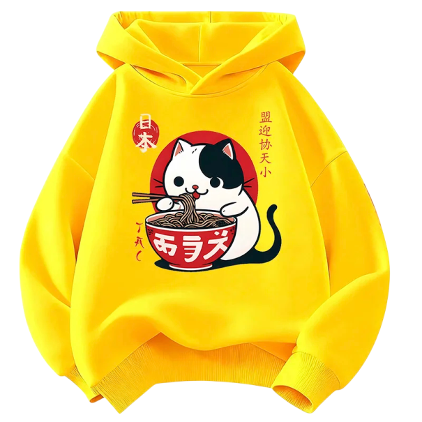 Dětská mikina v japonském stylu s kapucí a potiskem kočky s ramenem přes hlavu s dlouhým rukávem a nápletovými lemy pro kluky i holky žlutá 4