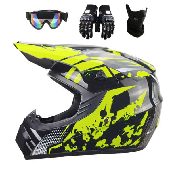 Dětská motocyklová helma s rukavicemi a brýlemi Celoobličejová ABS černá Helma se sluneční clonou Větrání Maska Potisk 25x25x36 cm zelená M (55-56 cm)