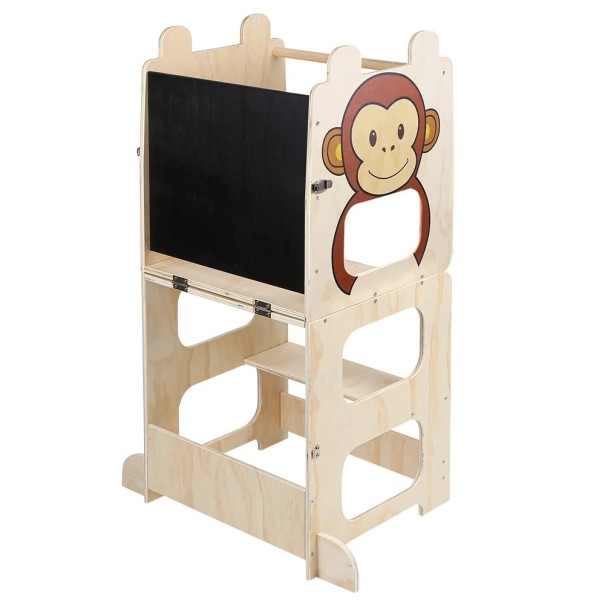 Dětská naučná věž 3v1 s motivem opice tabulí a madlem 92 x 41 cm se sklopnou horní částí na stolek s lavicí i na stoličku v přírodním dřevě 1