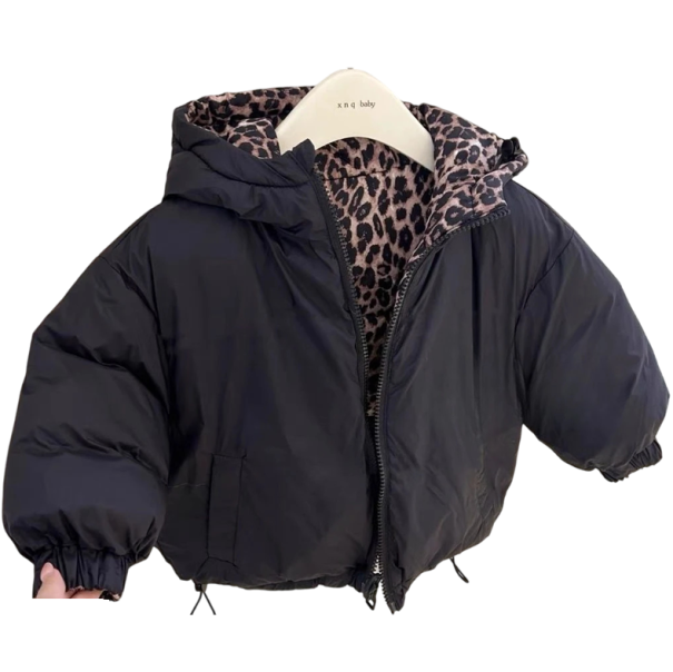 Detská obojstranná zimná bunda Unisex bunda na zips s kapucňou Kapsy Leopardí vzor a čierna farba Polyester a bavlna 3