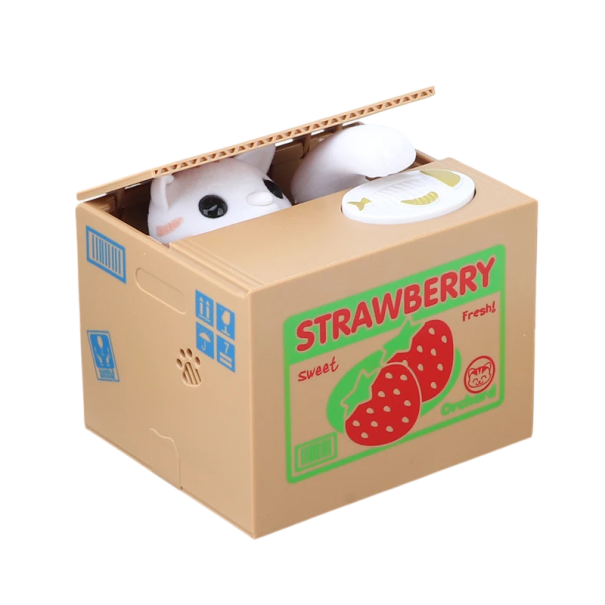 Dětská pokladnička krabice od jahod s kočičkou, kradoucí mince, 12×10×9 cm, plast, interaktivní ukládání peněz pro děti 1