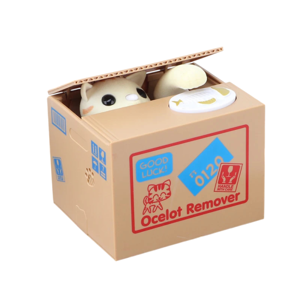 Dětská pokladnička krabice s bílou kočičkou, interaktivní vybírání mincí, 12×10×9 cm, plast, na baterie, zábavné ukládání peněz 1