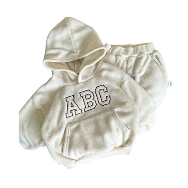 Dětská tepláková souprava mikina s kapucí a výšivkou ABC a tepláky pro kluky i holky béžová 8