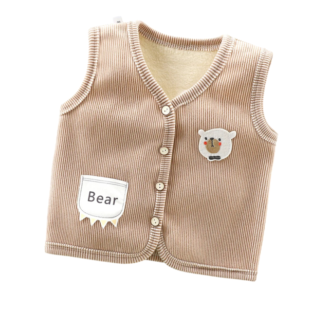 Dětská vesta s podšívkou Podzimní a zimní teplá bunda pro chlapce i dívky Sametová vesta s knoflíky a kapsou s výšivkou bear a obrázkem medvídka hnědá 9-12 měsíců
