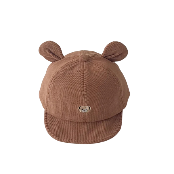 Dětská vroubkovaná kšiltovka s oušky Velikost 44–47 cm 3–18 měsíců Nastavitelná kojenecká čepice s výšivkou medvídka Bavlna polyester hnědá