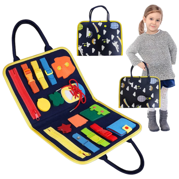 Dětská vzdělávací tabulka Montessori Edukační taška zapínání a otevírání zipů a knoflíků tmavě modrá barva 1
