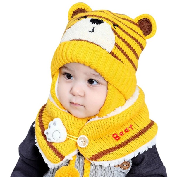 Detská zimná čiapka a nákrčník s medvedíkom žltá