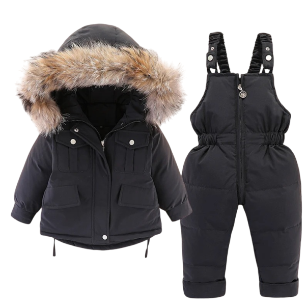 Dětská zimní bunda a overal unisex na zip a patenty s kapucí s kožichem Teplá péřová sada z polyesterového vlákna Hřejivé zimní oblečení černá 3