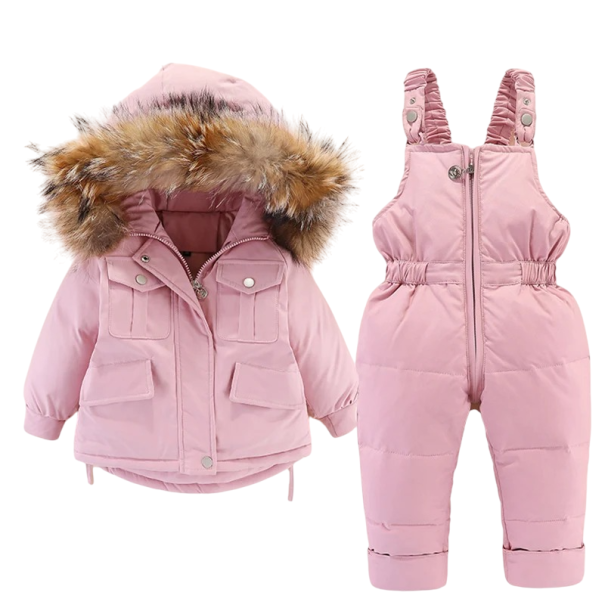 Dětská zimní bunda a overal unisex na zip a patenty s kapucí s kožichem Teplá péřová sada z polyesterového vlákna Hřejivé zimní oblečení růžová 12-18 měsíců