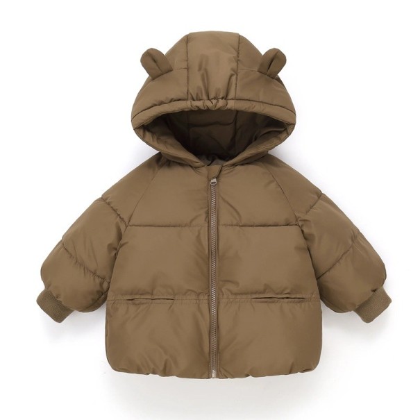Dětská zimní bunda z polyesternu a bavlny Unisex teplá bunda na zip s kapsami Zimní bunda pro děti s kapucí s ušima Roztomilý zimní kabátek hnědá 5