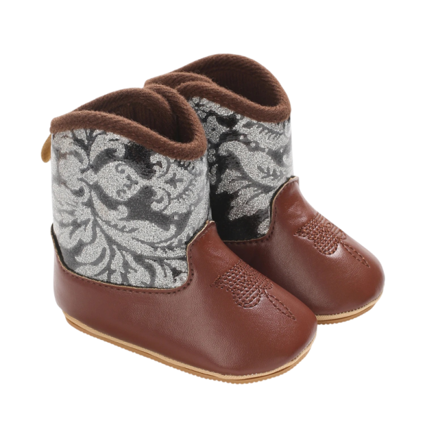 Dětské kovbojské kozačky Třpytivý ornament na golenici PU kůže a pryžová podrážka Hnědé se stříbrnou golenicí Unisex westernová obuv 12-18 měsíců