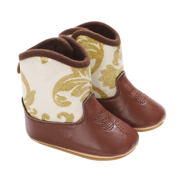 Dětské kovbojské kozačky Třpytivý zlatý ornament na golenici PU kůže a pryžová podrážka Hnědé se zlatou golenicí Unisex westernová obuv 0-6 měsíců