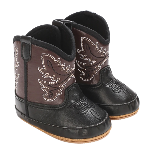 Dětské kovbojské kozačky Vyšívaný vzor a zadní poutko pro obouvání PU kůže a pryžová podrážka Černé s tmavě hnědou golenicí Unisex 6-12 měsíců