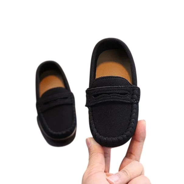 Dětské mokasíny Nazouvací boty bez tkaniček Slip on model z PU kůže Pryžová podrážka Unisex obuv pro kluky i holky na běžné nošení černá 22