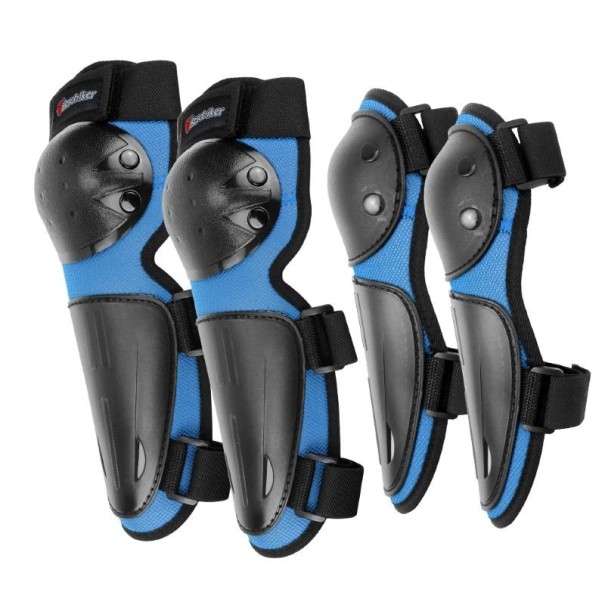 Dětské motocyklové chrániče sada ochranné vybavení lokty cca 27 cm kolena cca 32 cm ergonomické pro jízdu na motorce modrá