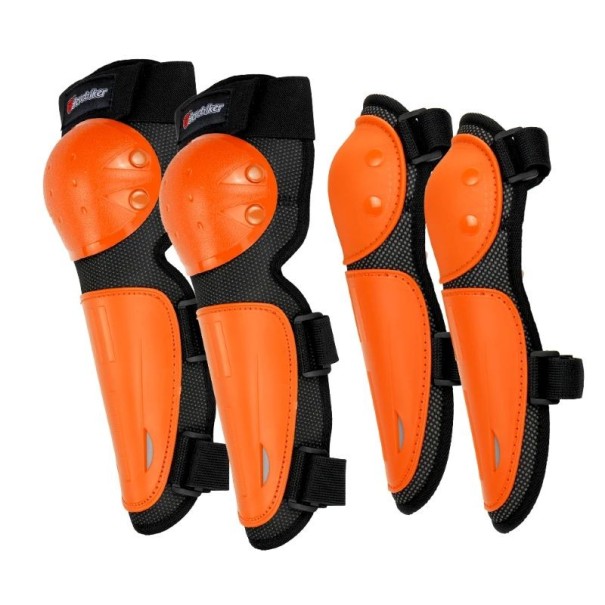 Dětské motocyklové chrániče sada ochranné vybavení lokty cca 27 cm kolena cca 32 cm ergonomické pro jízdu na motorce oranžová