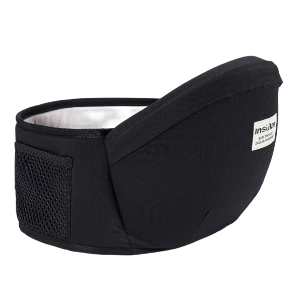 Dětské nosítko na pás se sedátkem o rozměru 23 x 13,5 cm na suchý zip s přezkou síťovanou kapsou a nastavením pro pas 67 až 110 cm černá