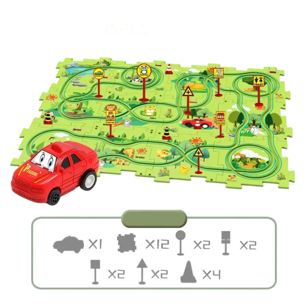 Detské puzzle elektrická železnica 25ks, téma les, 1ks autíčko, 24ks puzzle, interaktívna železnica pre deti, zábavné puzzle s prírodným motívom 1