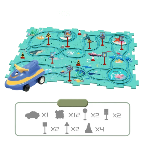 Detské puzzle elektrická železnica 25ks, téma oceán, 1ks autíčko, 24ks puzzle, interaktívna železnica pre deti, zábavné puzzle s oceánskym motívom 1