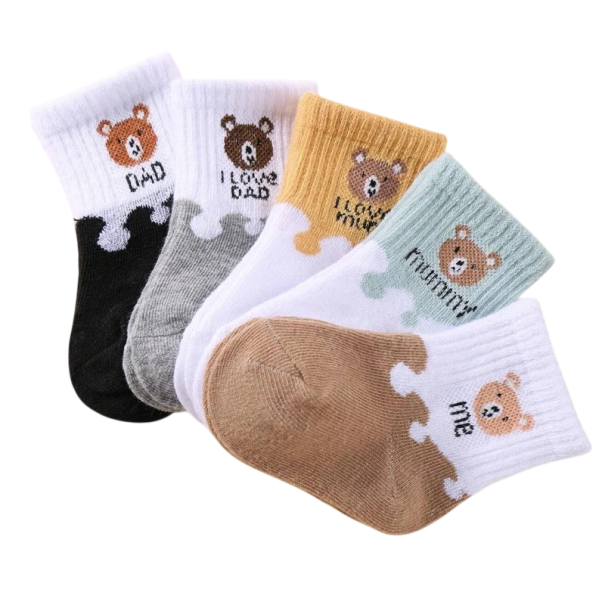 Dětské unisex ponožky 5 párů Barevné ponožky s medvídky Polyester elastan Elastické pohodlné ponožky pro děti každodenní nošení 1-3 roky