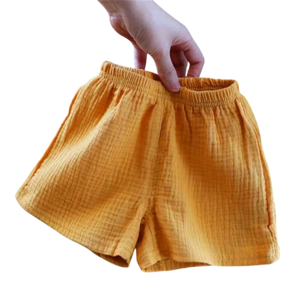 Dětské volné kraťasy s krepovým vzhledem a elastickým pasem vzdušné letní šortky pro děti žlutá 2