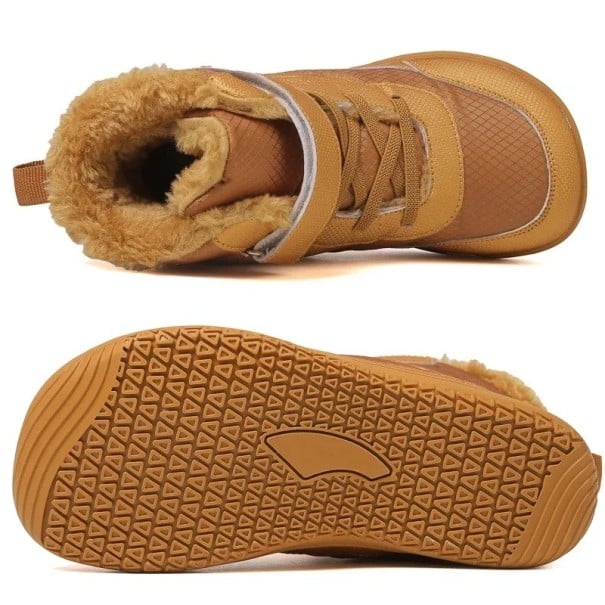 Detské zimné barefoot topánky na suchý zips Unisex zateplená obuv s kožušinovou podšívkou Gumová podrážka Pútko na päte Na sneh aj do školy hnedá 26