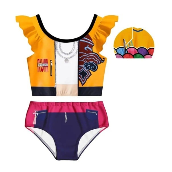 Dětské žluté dvoudílné plavky pro dívky s volánkovými rukávy a barevným potiskem včetně koupací čepice na pláž k bazénu i na plavecký kurz 8