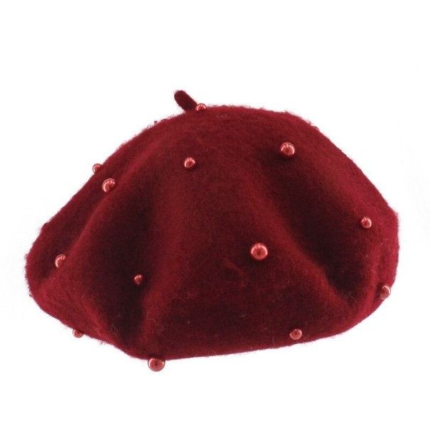 Dětský baret s perlami vínová