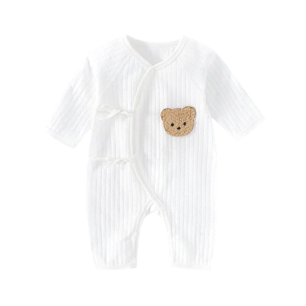 Dětský bavlněný overal s dlouhým rukávem a medvídkem Unisex batolecí pyžamo na patenty s mašličkami Výstřih do V Jednobarevné bílá 0-1 měsíc