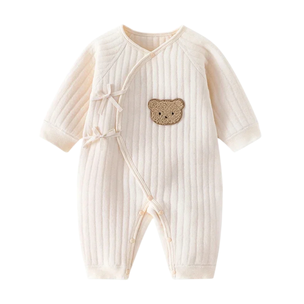 Dětský bavlněný overal s dlouhým rukávem a medvídkem Unisex pyžamo pro batolata Výstřih do V Na patenty s mašličkami Jednobarevné béžova 3-6 měsíců