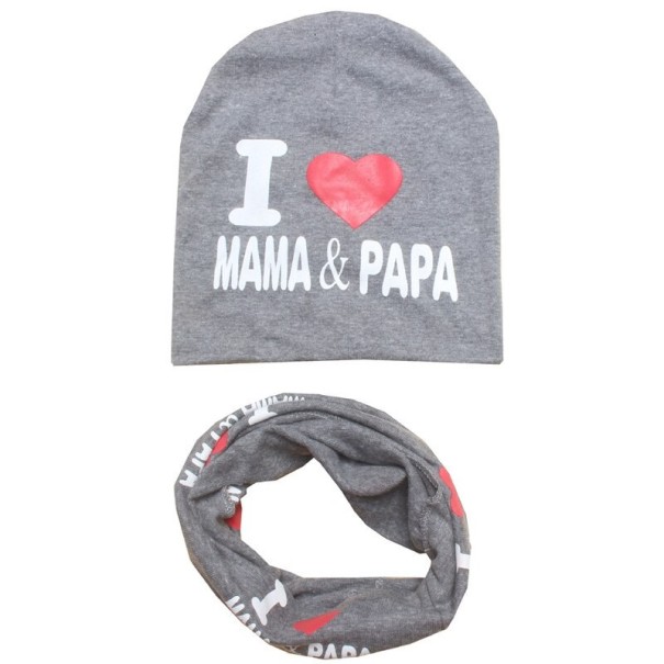 Dětský čepice a nákrčník I love mama a papa šedá