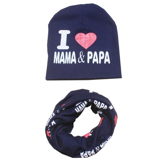 Dětský čepice a nákrčník I love mama a papa tmavě modrá