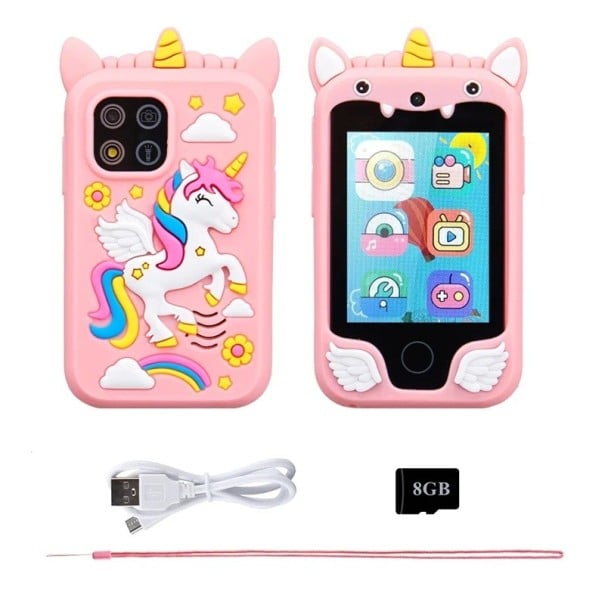 Dětský chytrý telefon s motivem jednorožce a 2,8" TFT displejem s duálním fotoaparátem MP3 přehrávačem 10 hrami a paměťovou kartou 8 GB růžová