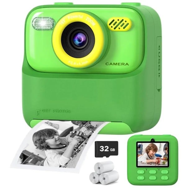 Dětský fotoaparát s okamžitým tiskem a 16násobným zoomem s 1080p videem hudebním přehrávačem a hrami s IPS displejem 2,4" a kartou 32 GB zelená
